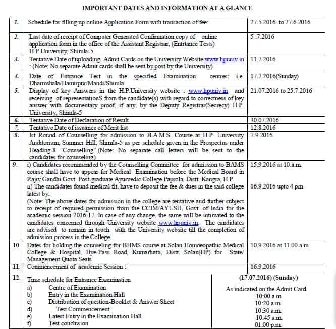 Himachal Pradesh University BAMS/BHMS Important Dates