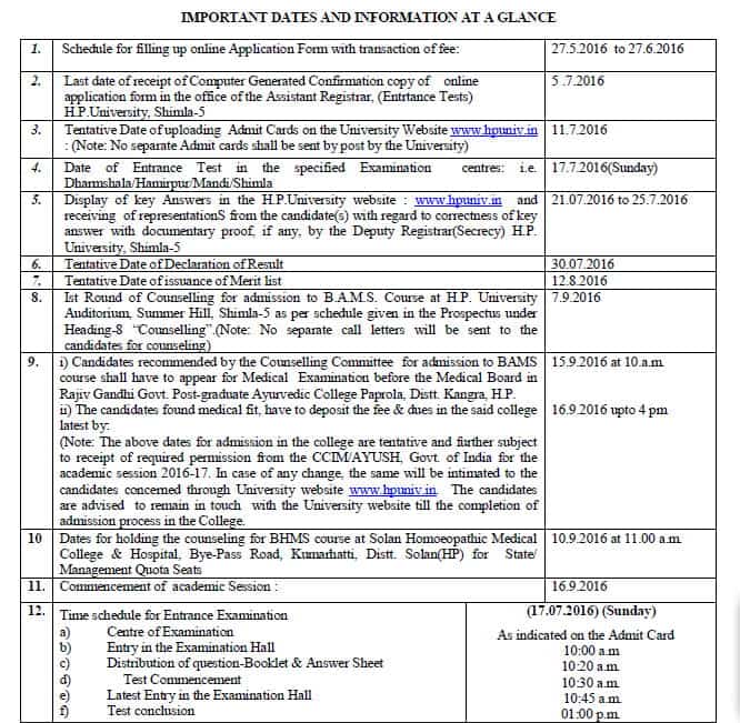 Himachal Pradesh University BAMS/BHMS Important Dates